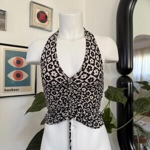 Retro Halter Ruched Black & White Daisy Tank Top SZ Medium